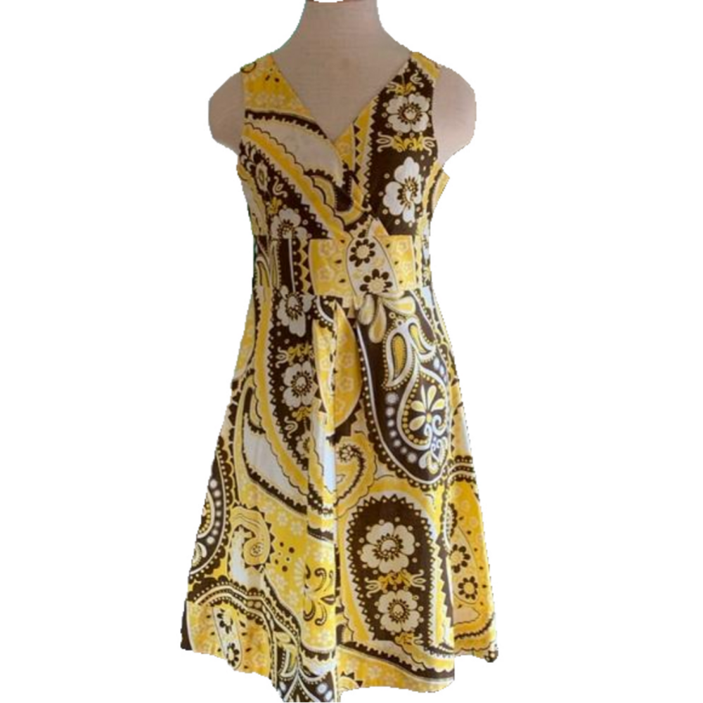 Talbots sz 8P sleeveless yellow and brown retro looking dress